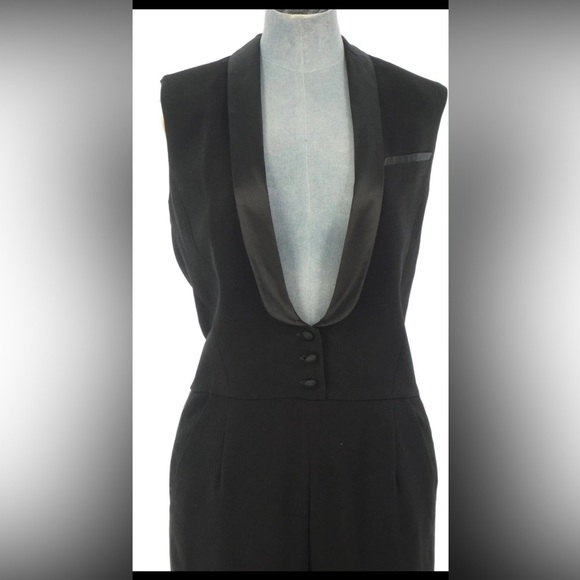 Maje Jumpsuit Elfie Tuxedo Plunging V Neck Black Satin Trim - Picture 3 of 14